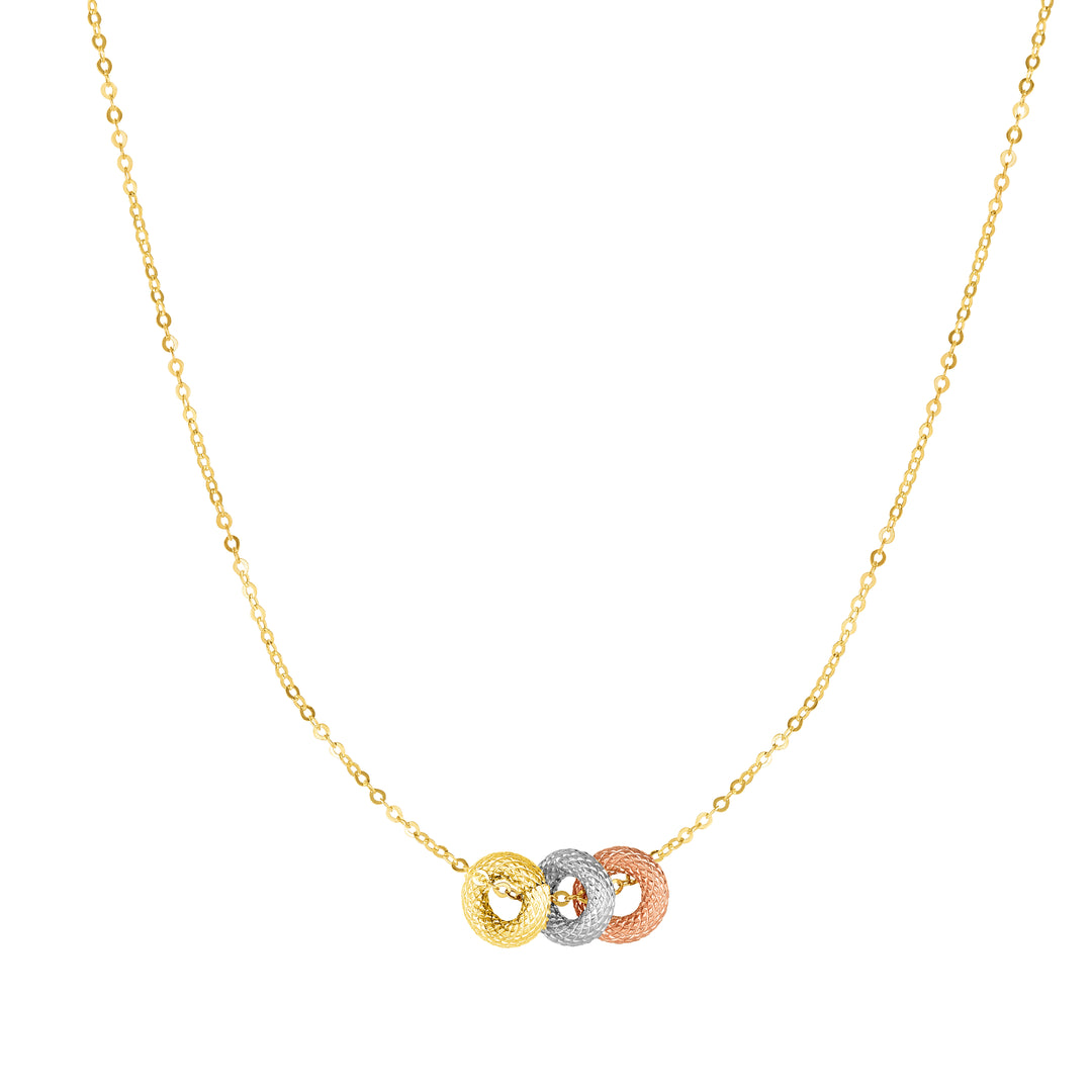 N1009 - 14K Tri-color Gold Diamond Cut 3 Ring Necklace
